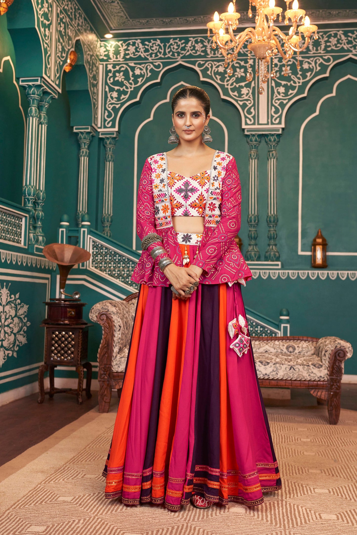 Orange and Pink Viscose Rayon Mirror Work Navratri  Chaniya Choli