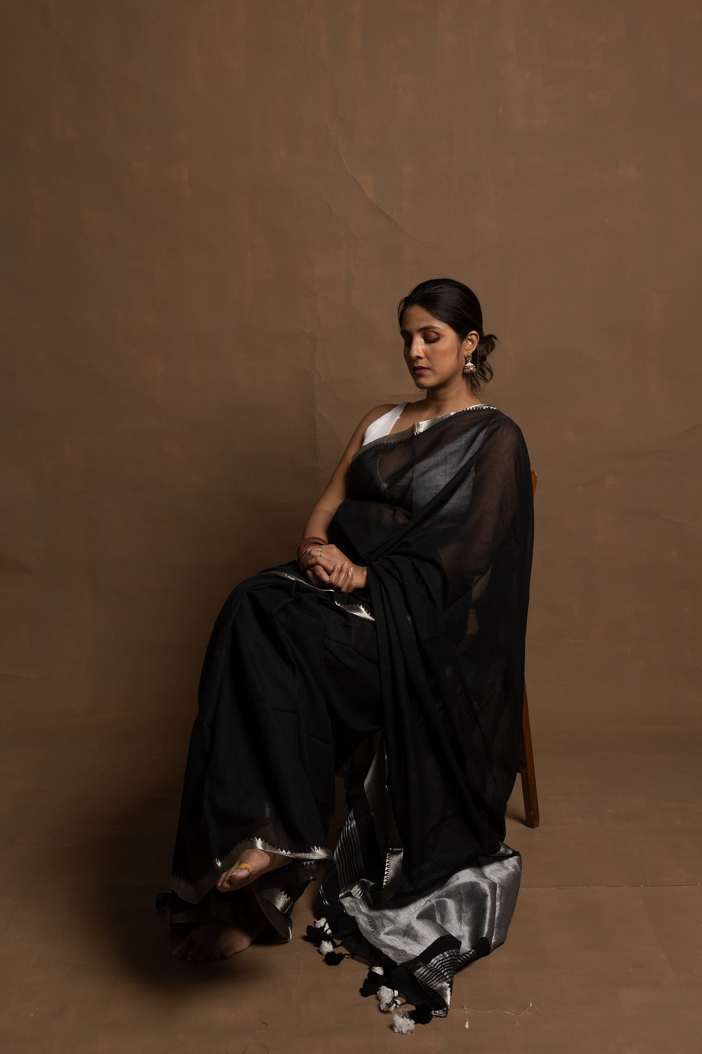 Black beauty I Black handloom cotton saree with silver zari border