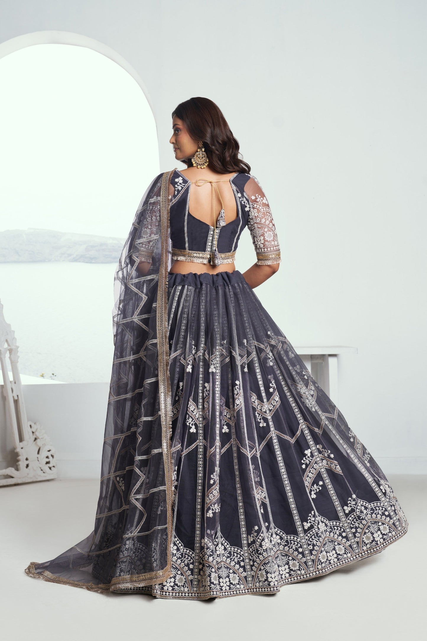 Dark Grey Sequins Embroidery Butterfly Net Bridesmaid Lehenga