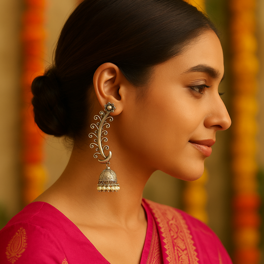 Zevar Club Oxidised Silver-Plated Leafy Spiral Dome Teardrop Jhumka Earrings