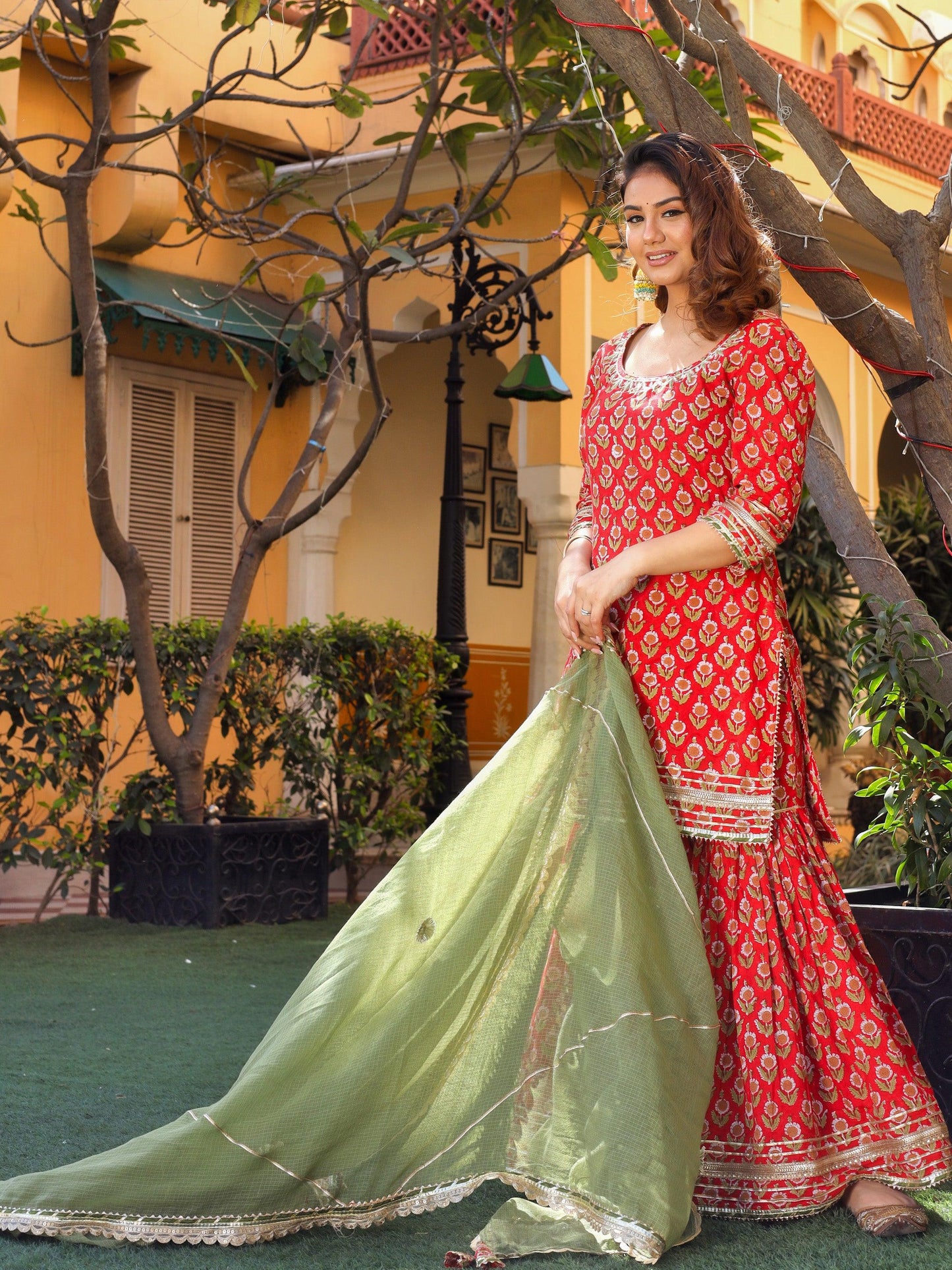 Red Cotton Dabu Printed Kurta Sharara Set