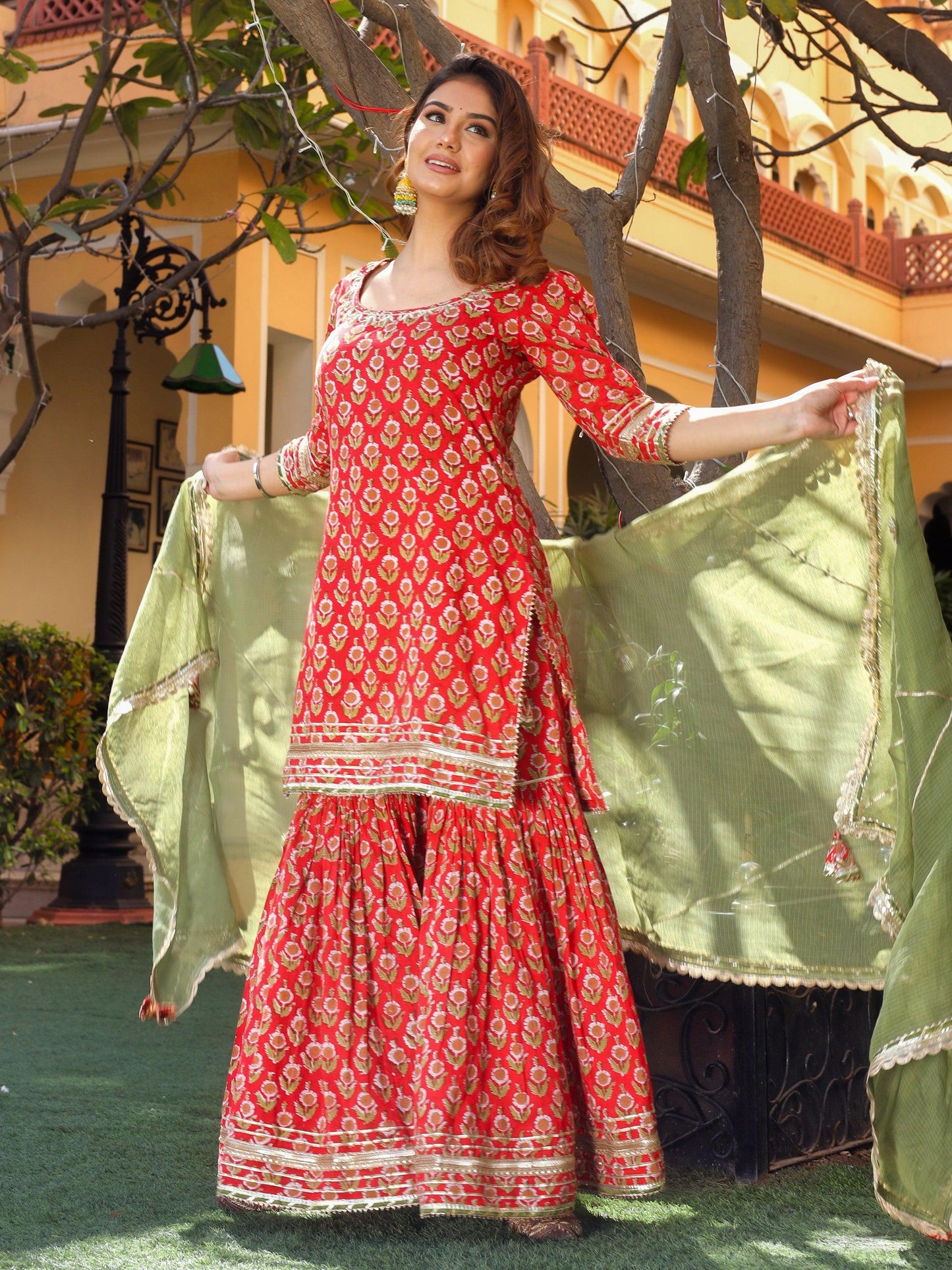 Red Cotton Dabu Printed Kurta Sharara Set