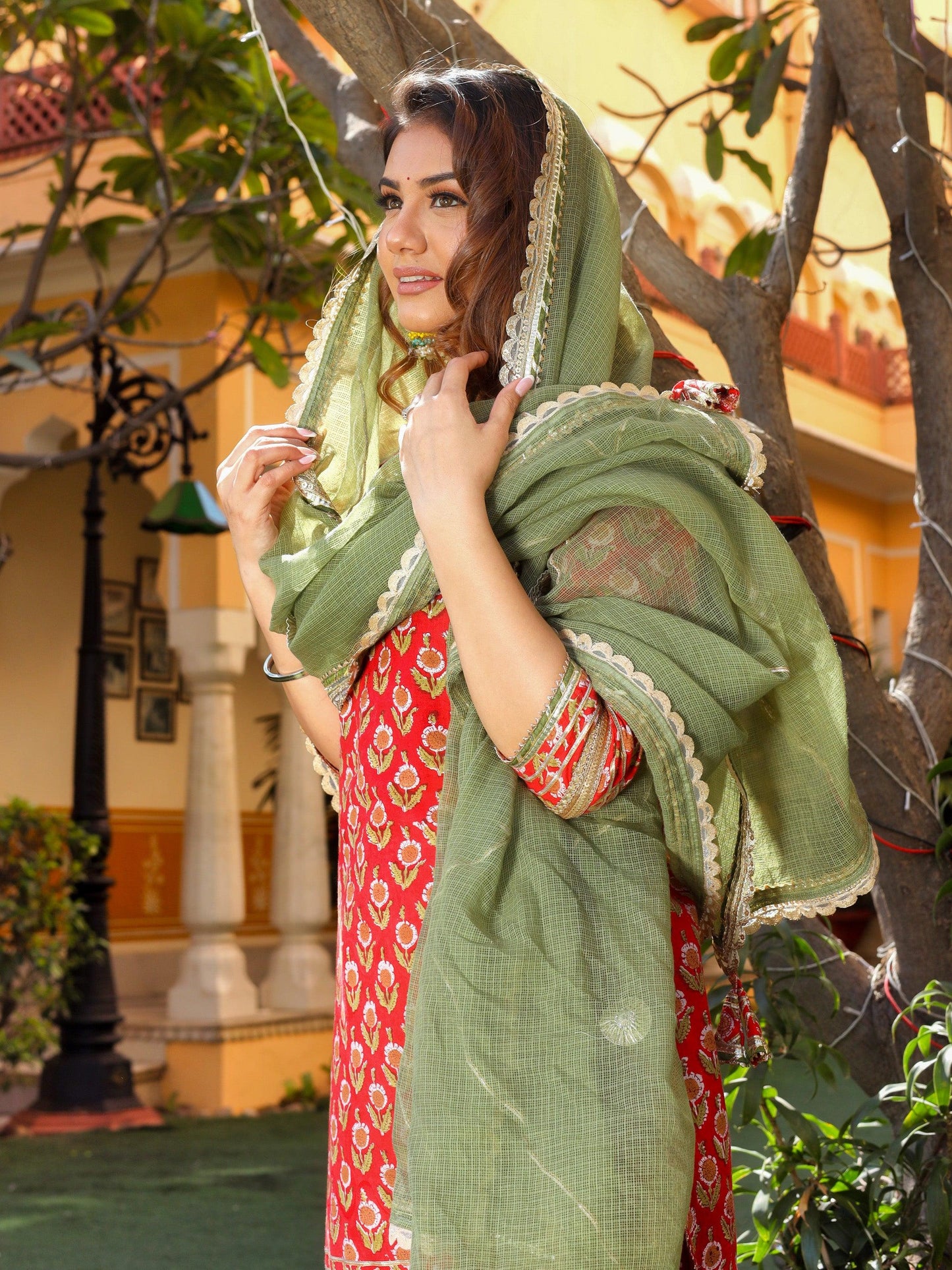 Red Cotton Dabu Printed Kurta Sharara Set