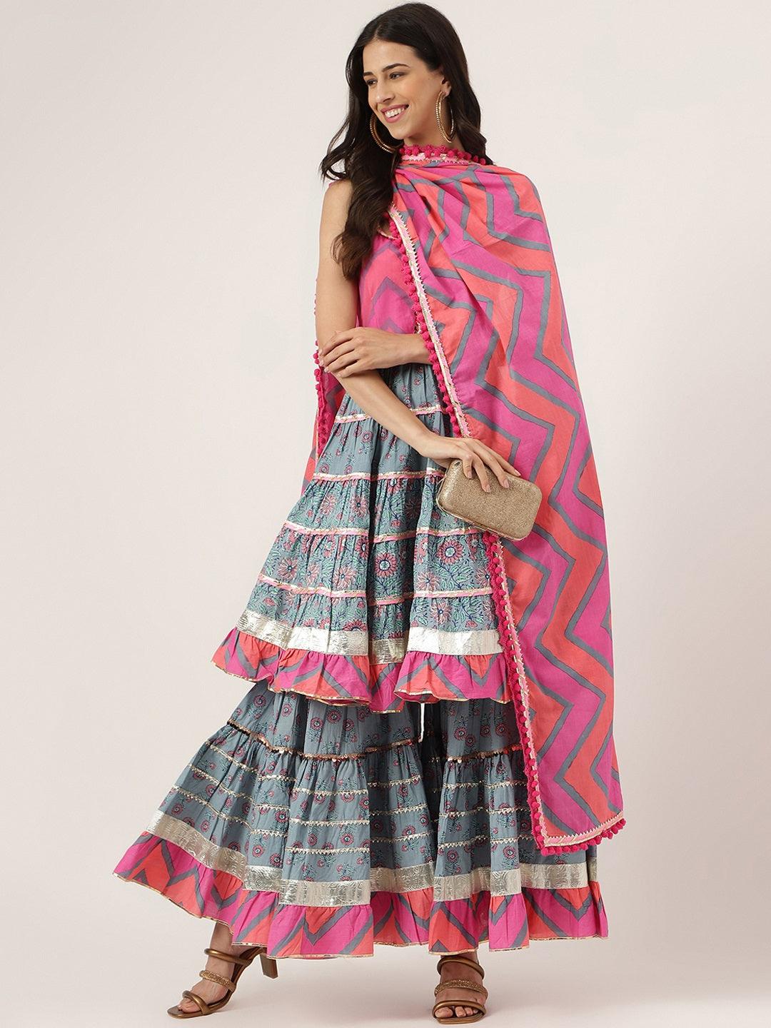 Turquoise Blue Cotton Sleeves Less Sharara Set