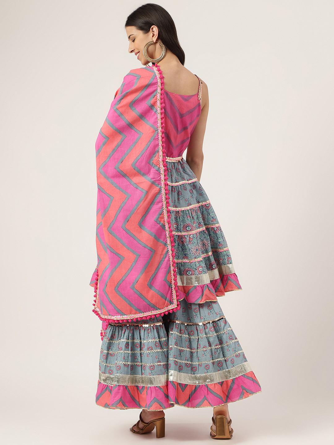 Turquoise Blue Cotton Sleeves Less Sharara Set