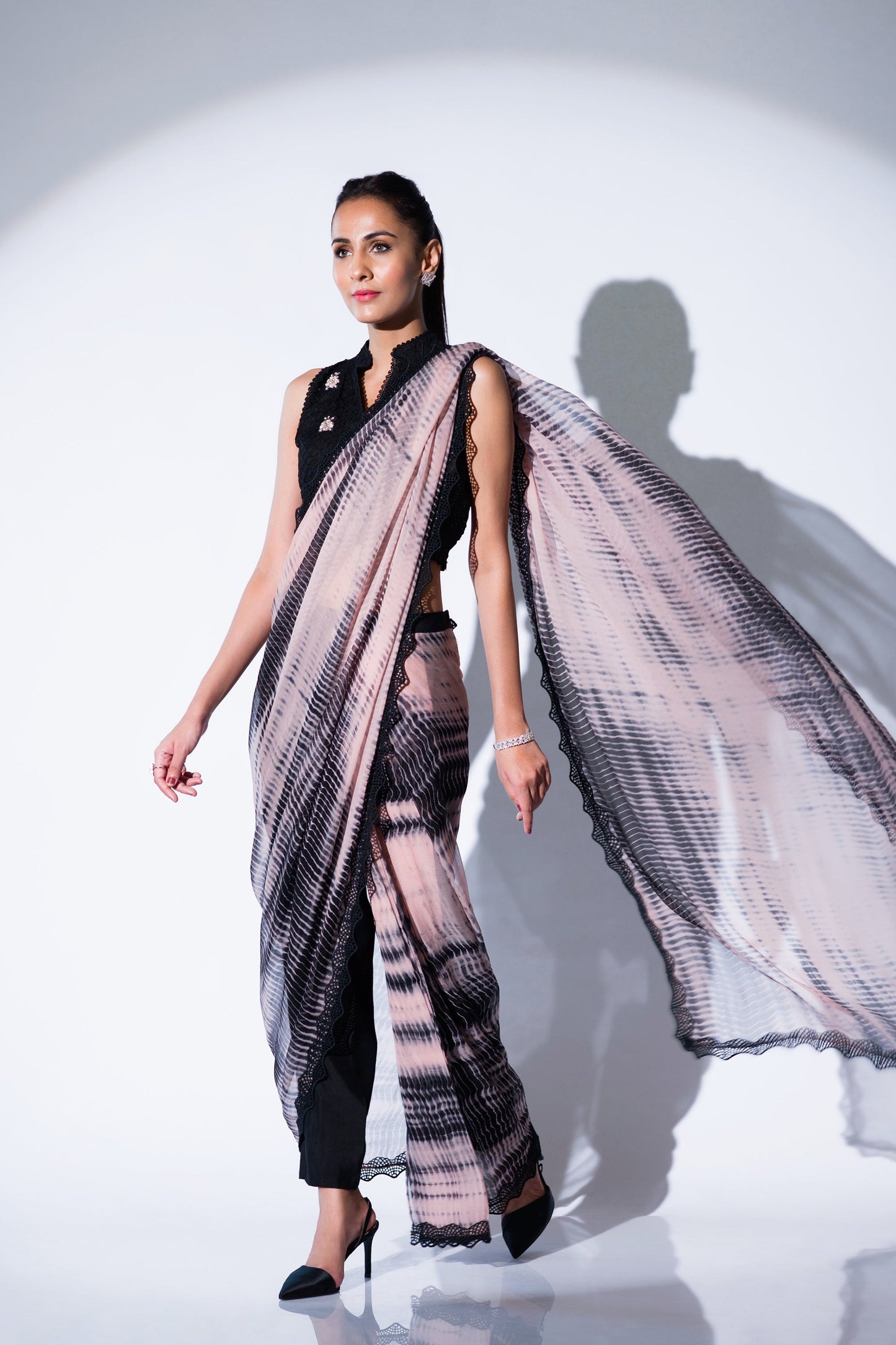Black and Pink Printed Chiffon Saree for Cocktail Party