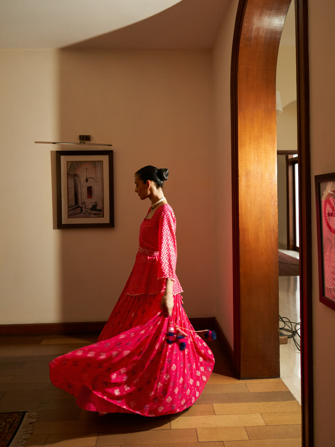 Pink Pure Georgette Foil Printed Skirt Set