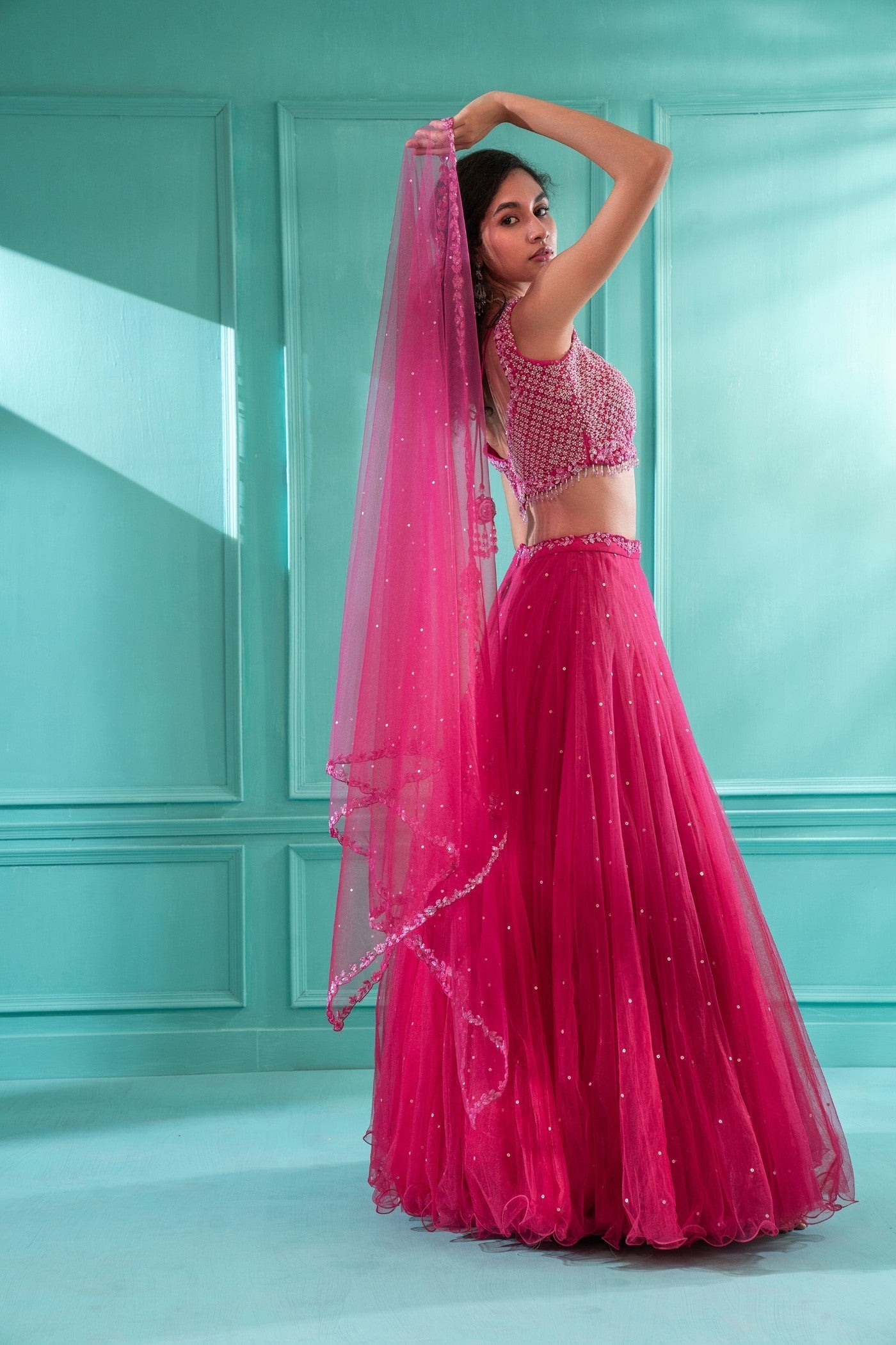 Fuschia Pink Festive Lehenga set in Net