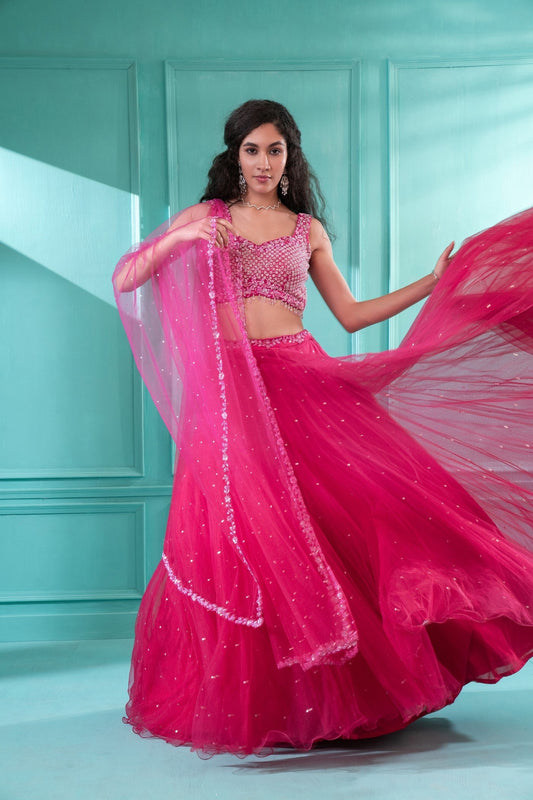 Fuschia Pink Festive Lehenga set in Net