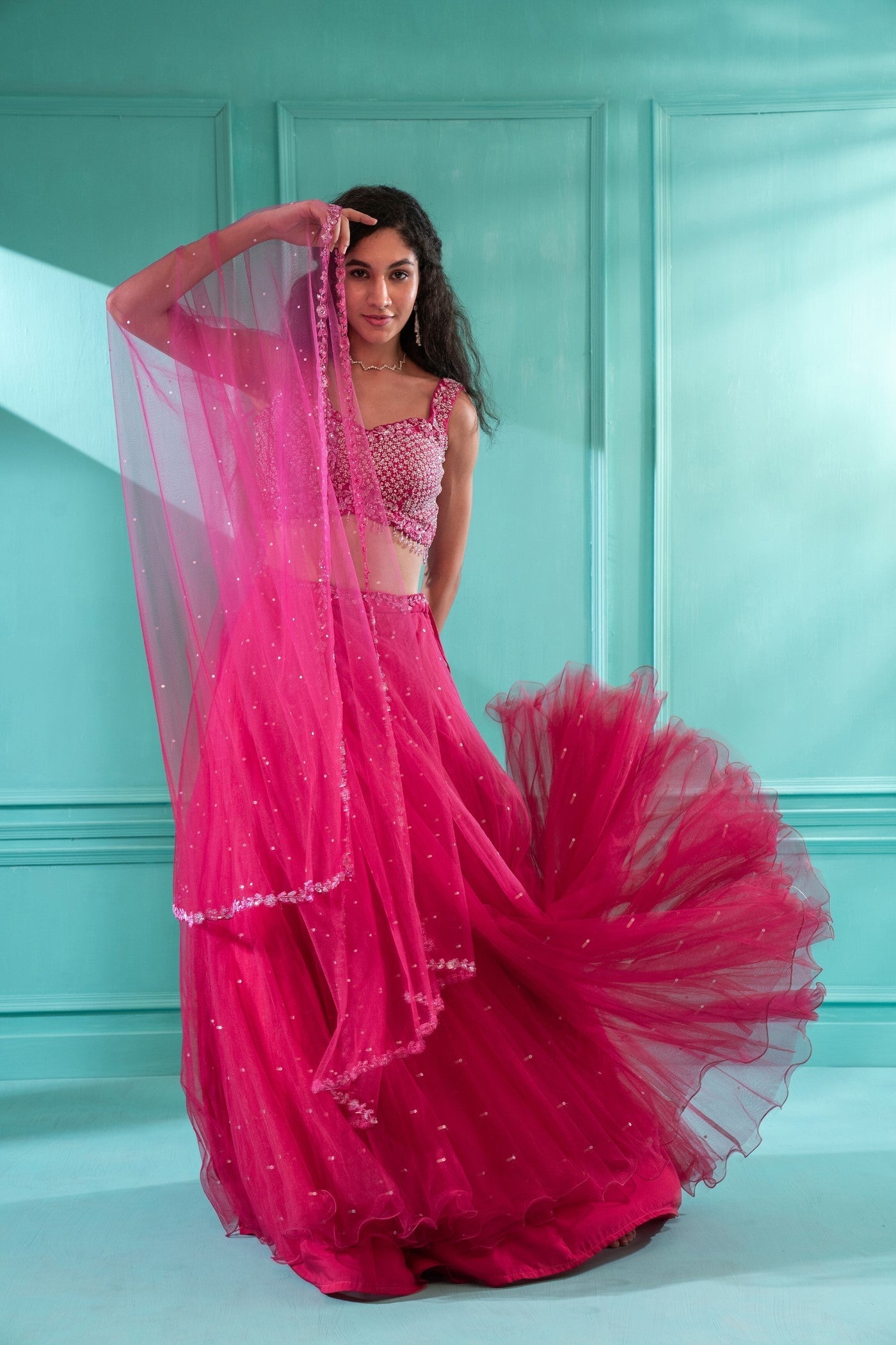 Fuschia Pink Festive Lehenga set in Net