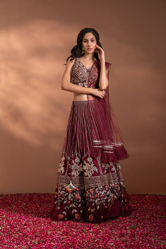 Maroon Red Lehenga Set in Net & Satin