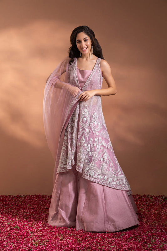 Onion Pink Lehenga Set in Silk with a Heavy Moti & Threadwork Embriodered Jacket