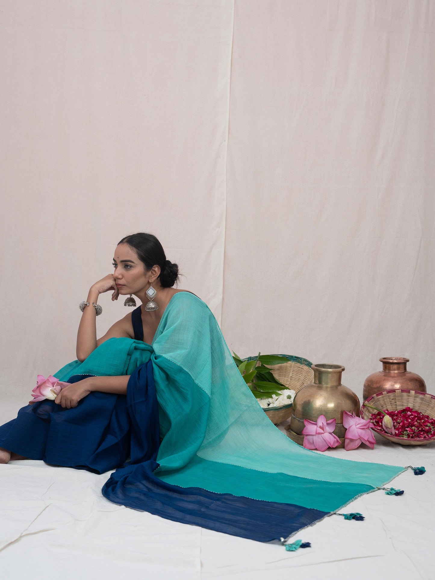 Blue Ganga Chanderi Kantha Hand made Saree