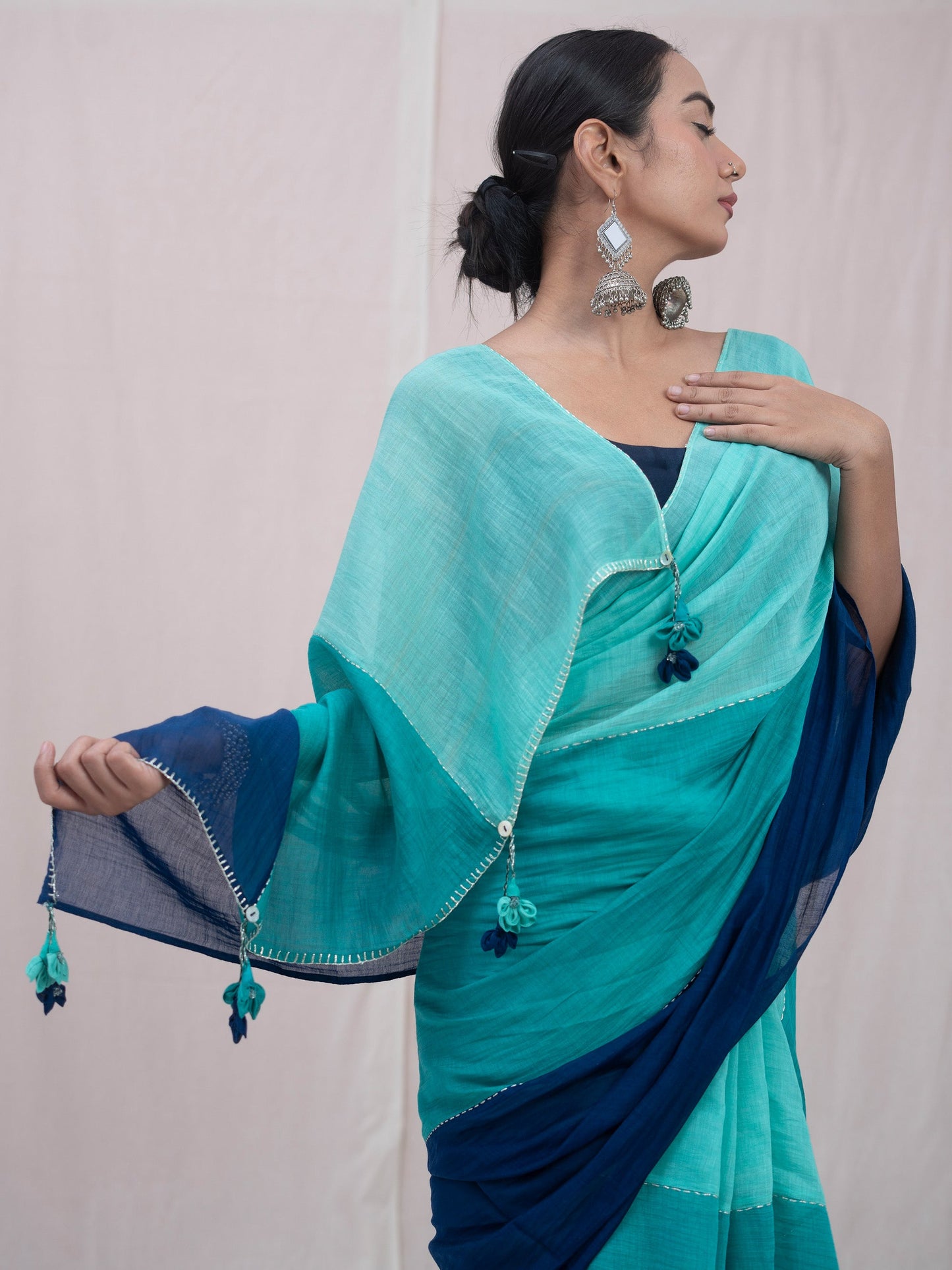 Blue Ganga Chanderi Kantha Hand made Saree