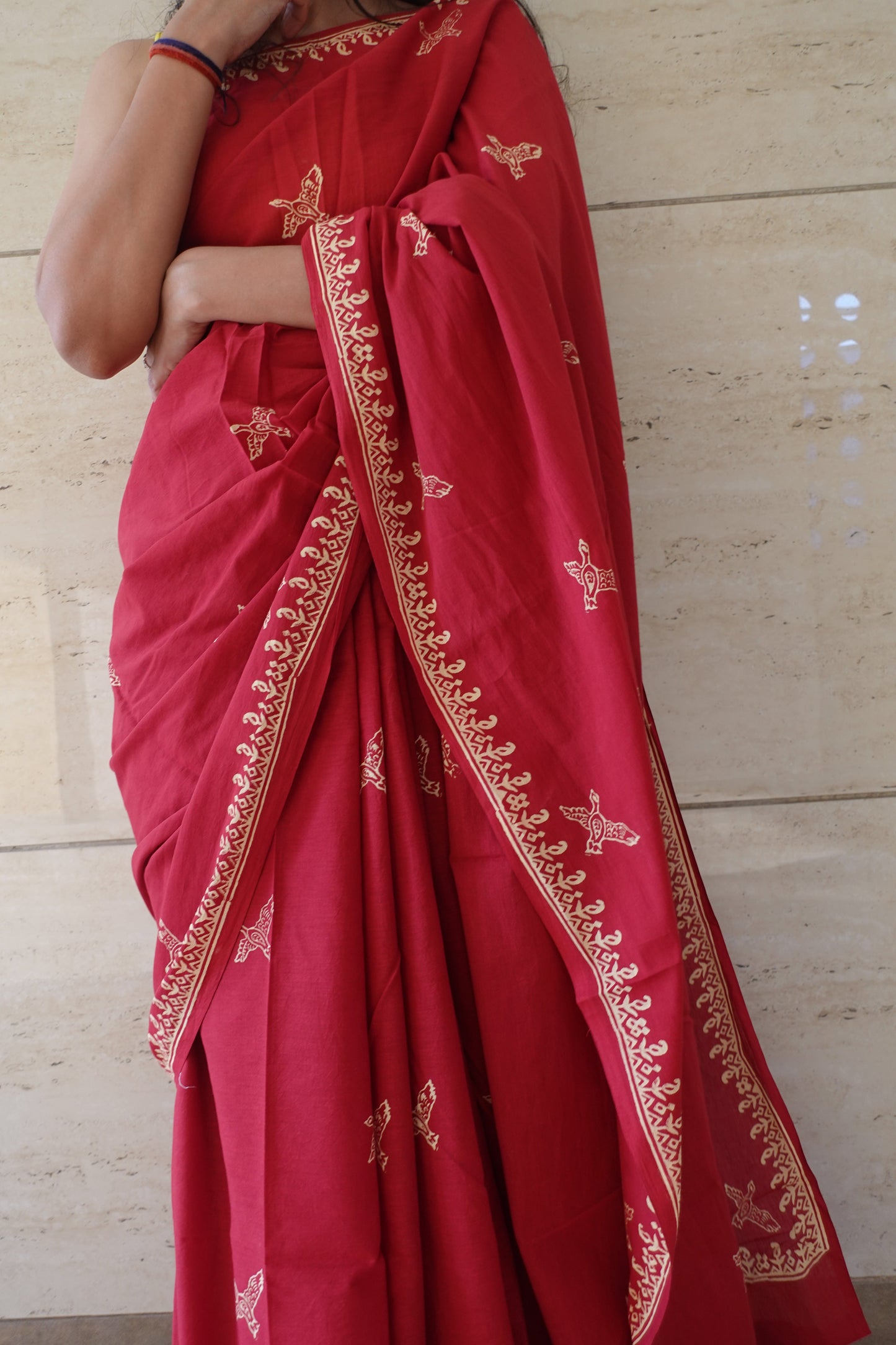 Free Sparrow - Red Handblock Print Natural Dyed - Red Mulmul Cotton Saree