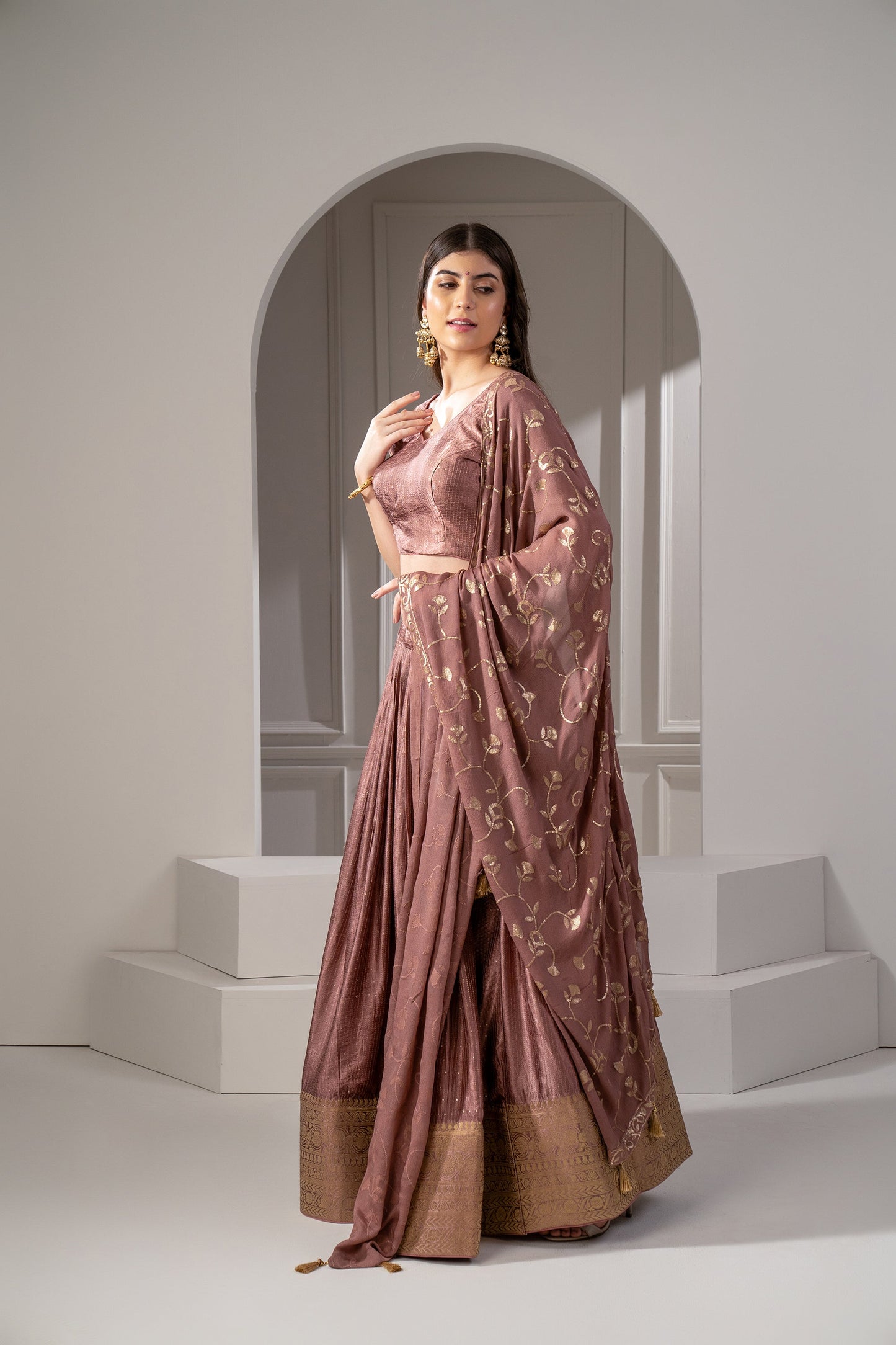 Rusty Rose Silk Sequins Embroidered Lehenga Set