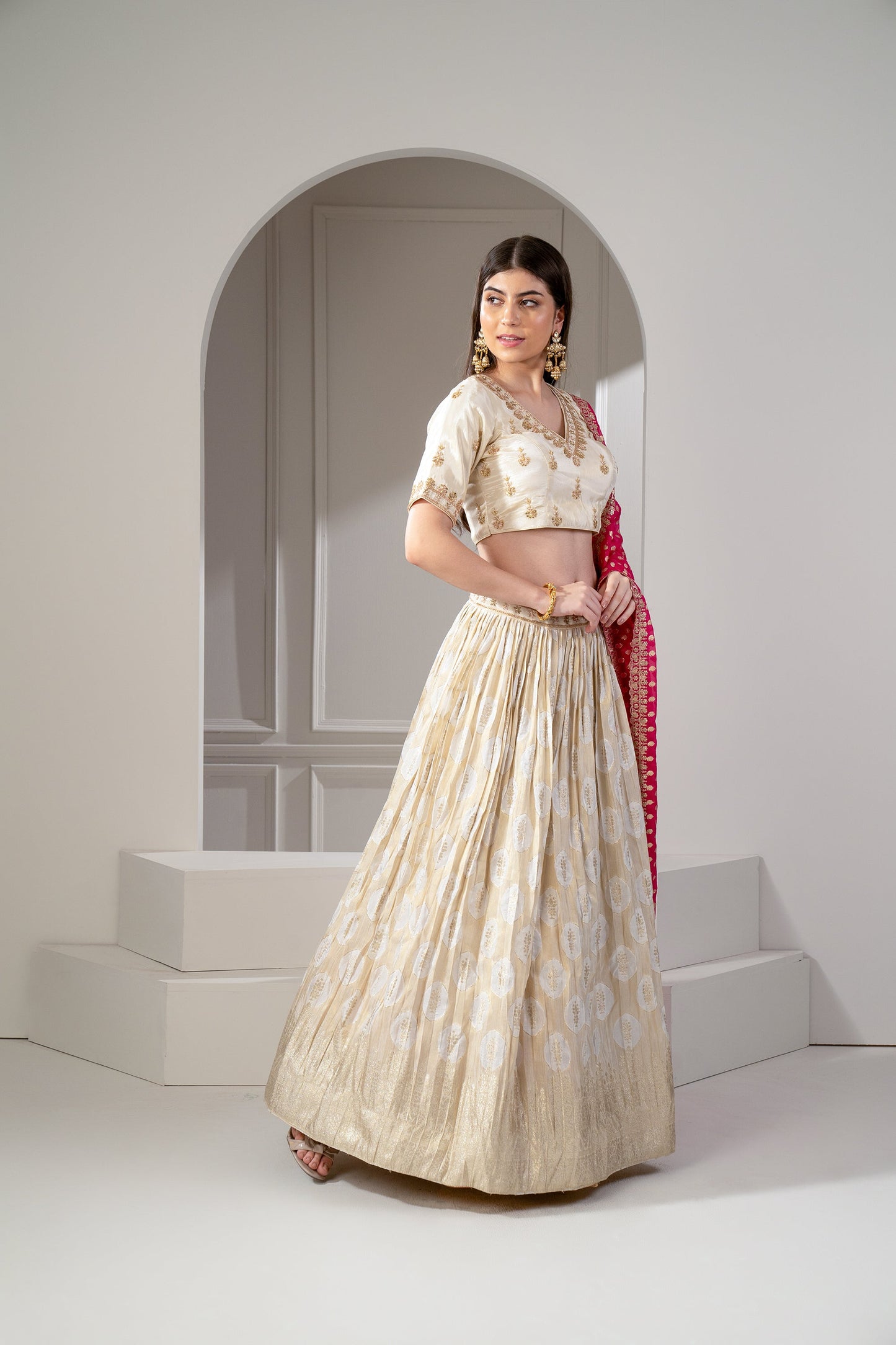 Golden Beige Banarasi Silk  Zari and Thread Embroidered Lehenga Set