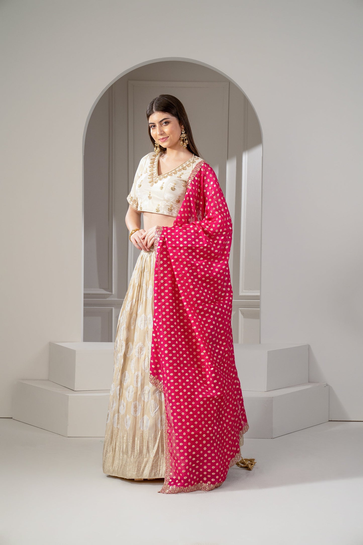 Golden Beige Banarasi Silk  Zari and Thread Embroidered Lehenga Set