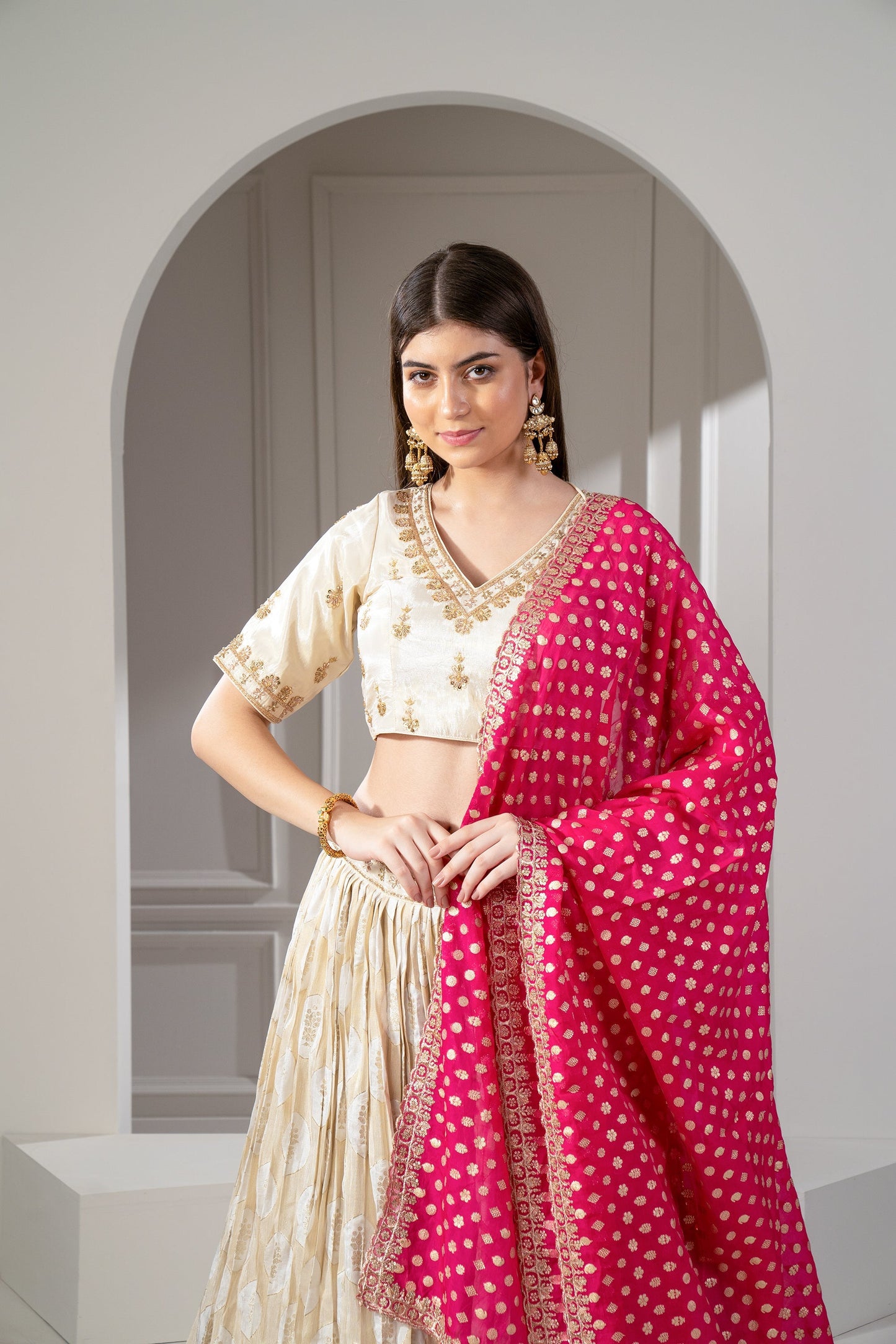 Golden Beige Banarasi Silk  Zari and Thread Embroidered Lehenga Set