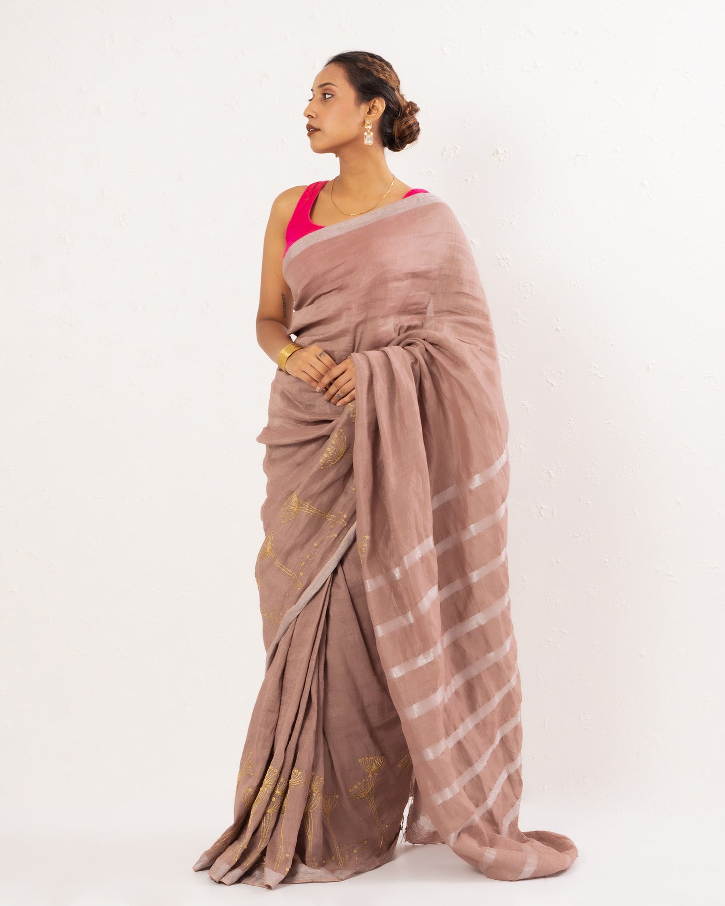 Old rose embroidered handwoven linen saree