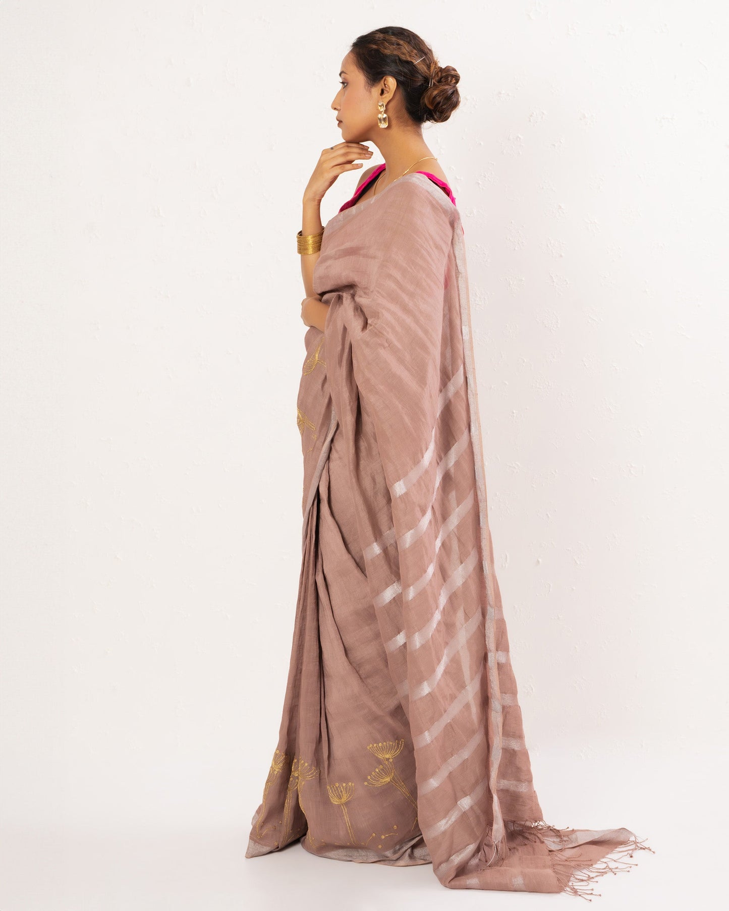 Old rose embroidered handwoven linen saree