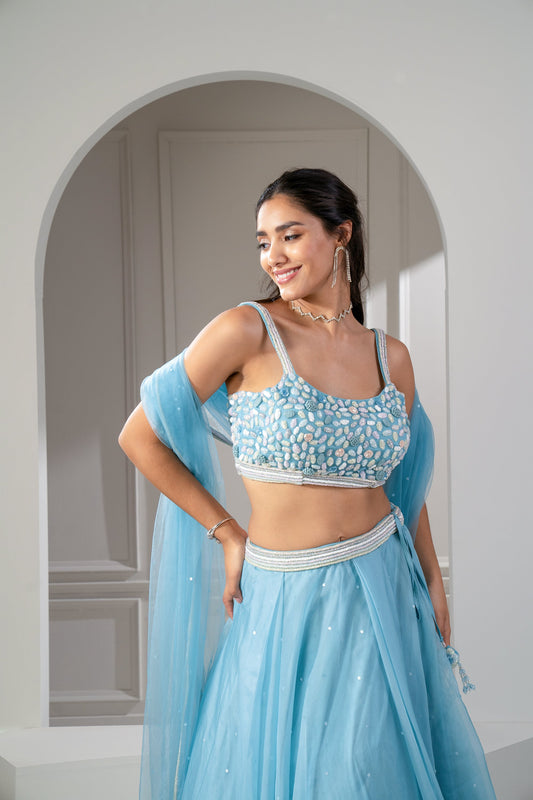 Frost Blue Organza Sequinned Lehenga Set.