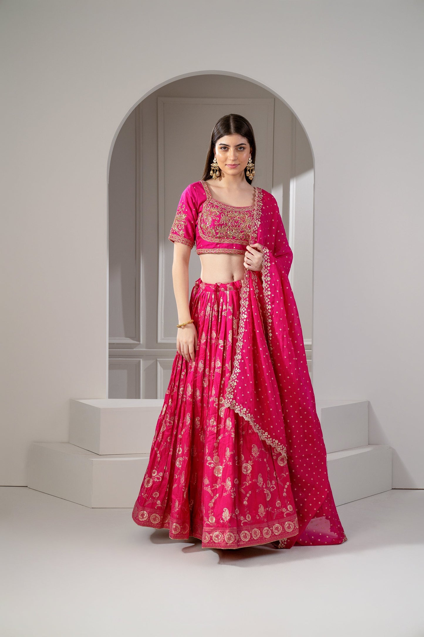 Hot Pink Soft Silk Hand Embroidered Lehenga Set