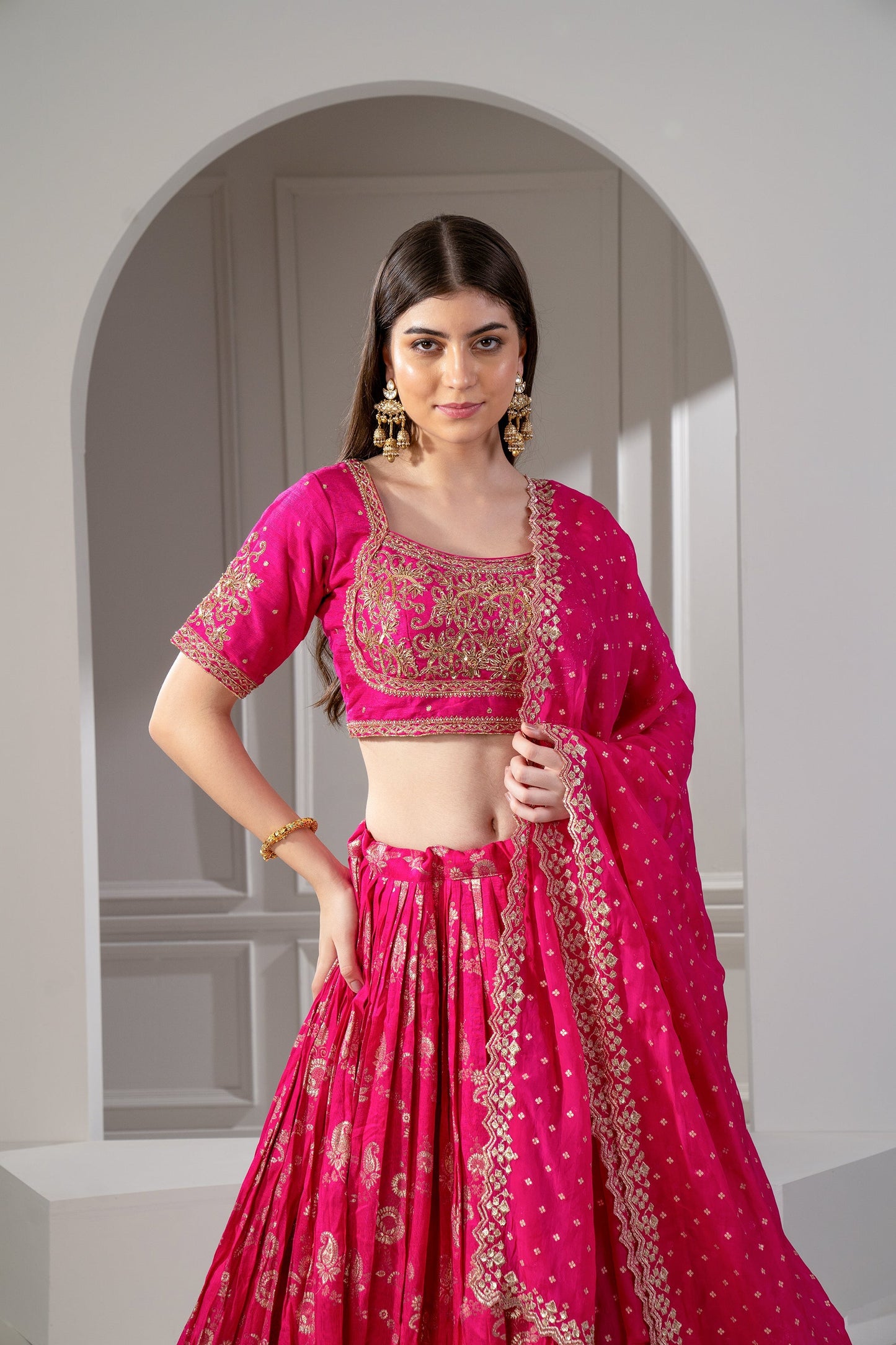 Hot Pink Soft Silk Hand Embroidered Lehenga Set