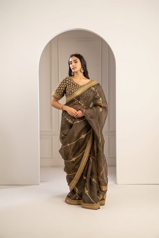 Mehendi Green Organza Saree with Pita Work