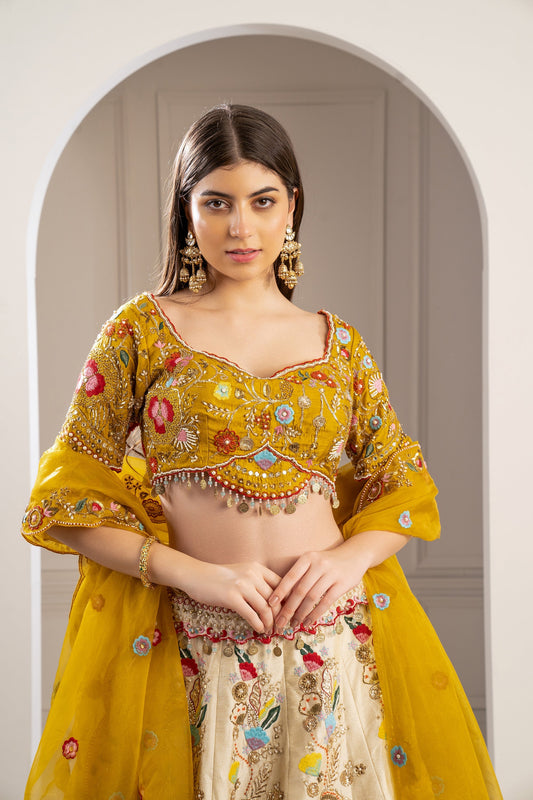 Bumblebee Yellow Heavily Embroidered Raw Silk Lehenga Set