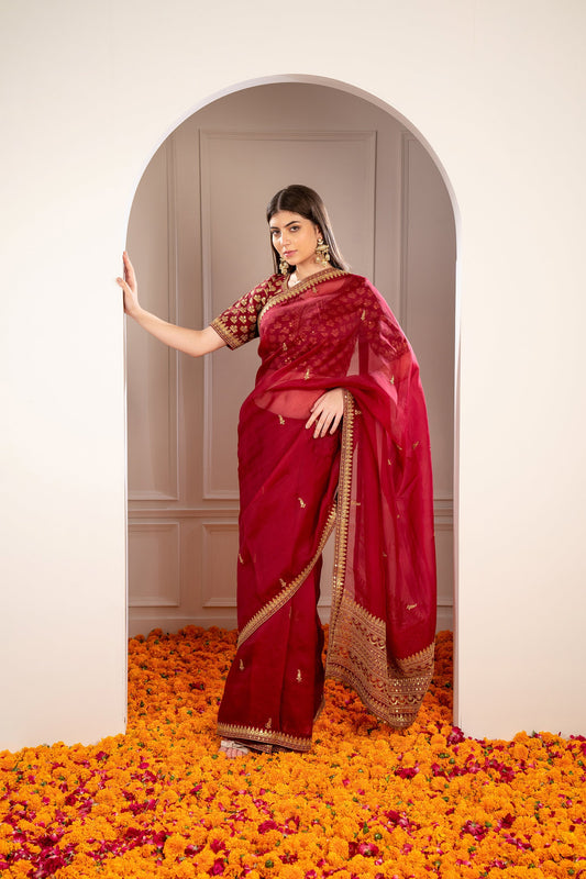 Maroon Organza Saree with machine work