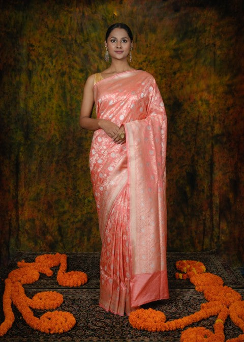 Peach Katan Pure Silk Cutwork Saree