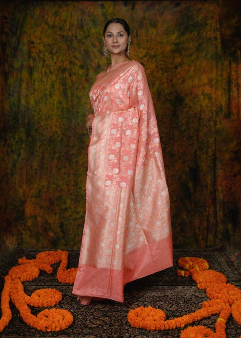 Peach Katan Pure Silk Cutwork Saree