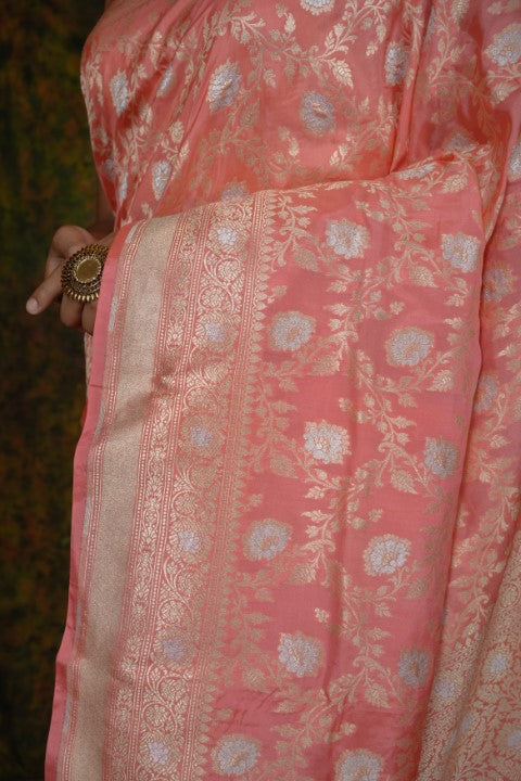 Peach Katan Pure Silk Cutwork Saree