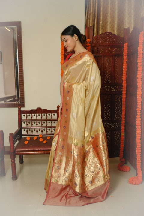 Cream Katan Pure Silk Saree