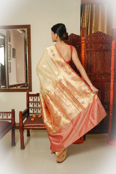 Cream Katan Pure Silk Saree