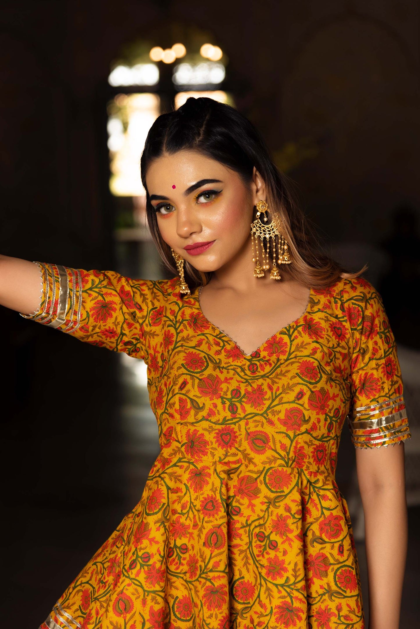 Jarokha Darpan Mustard Yellow hand block cotton Sharara Set