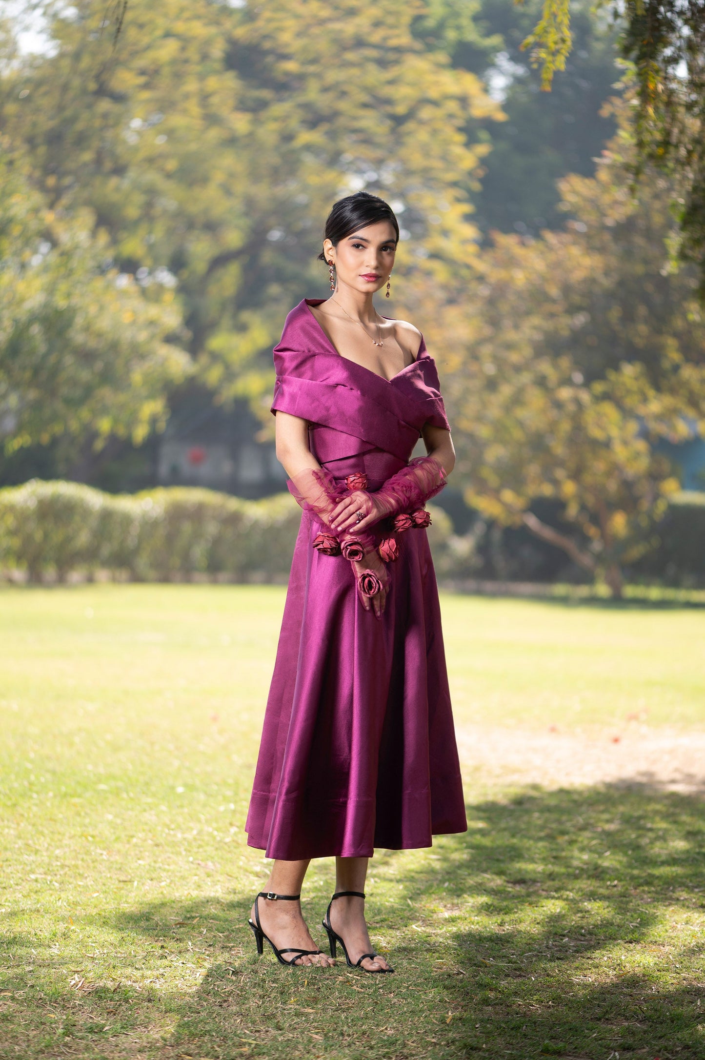 Bougainvillea Purple Milano Satin Off Shoulder Dress