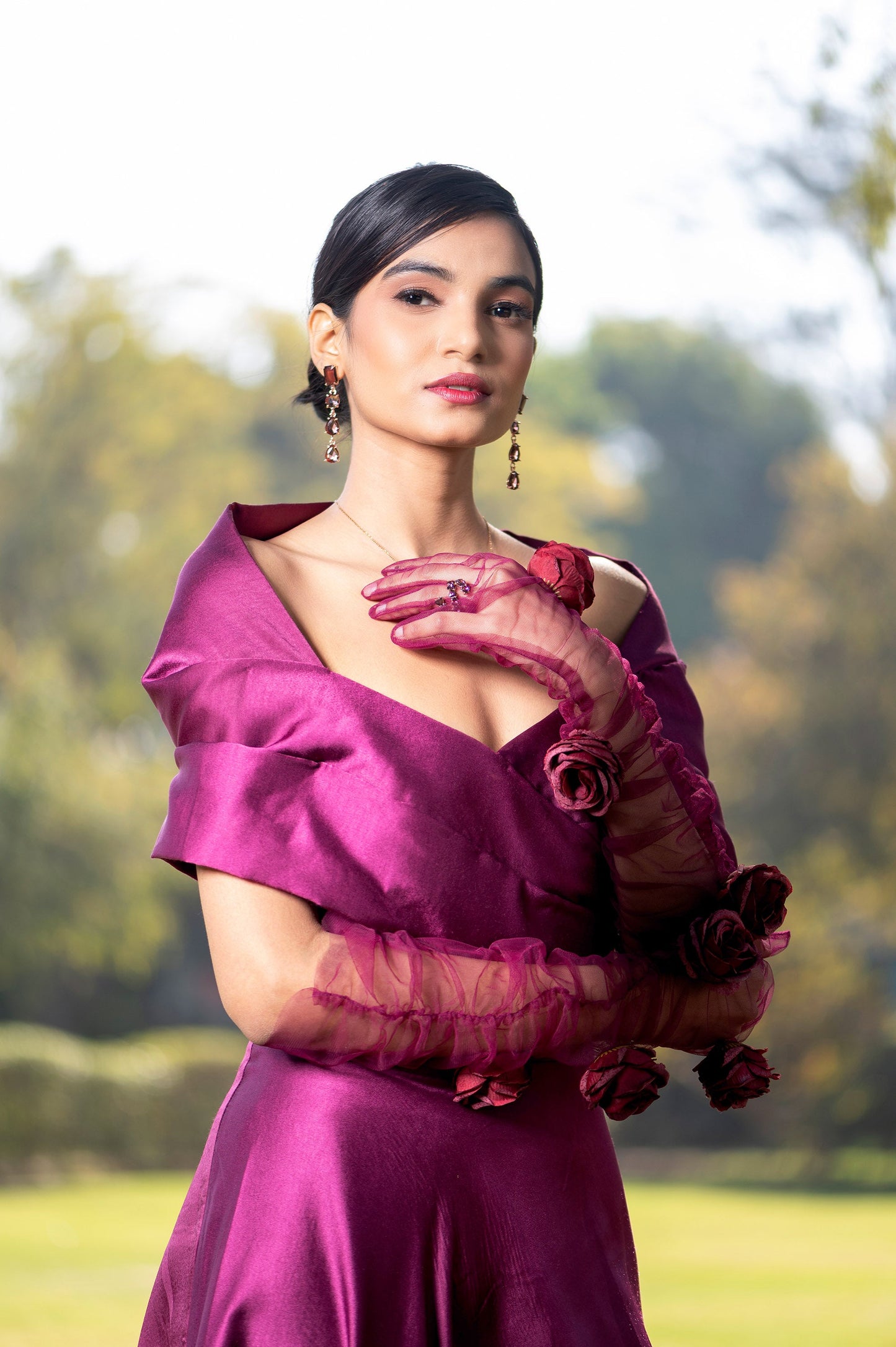Bougainvillea Purple Milano Satin Off Shoulder Dress