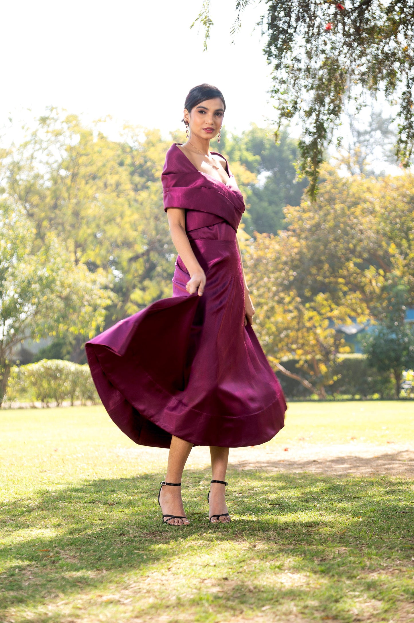 Bougainvillea Purple Milano Satin Off Shoulder Dress