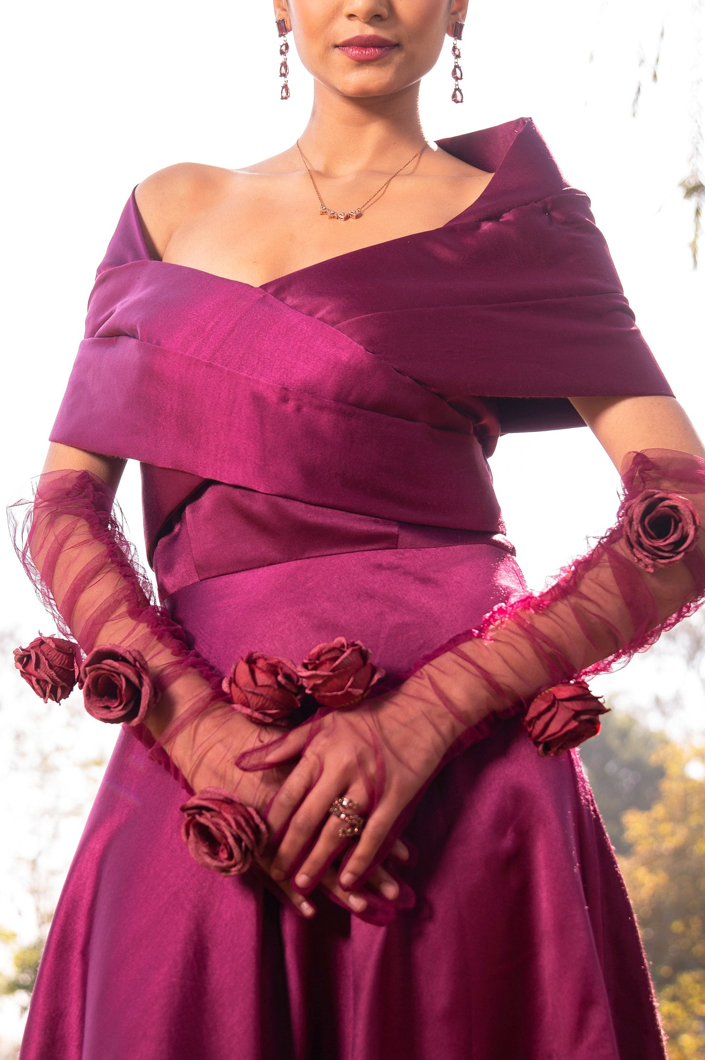 Bougainvillea Purple Milano Satin Off Shoulder Dress