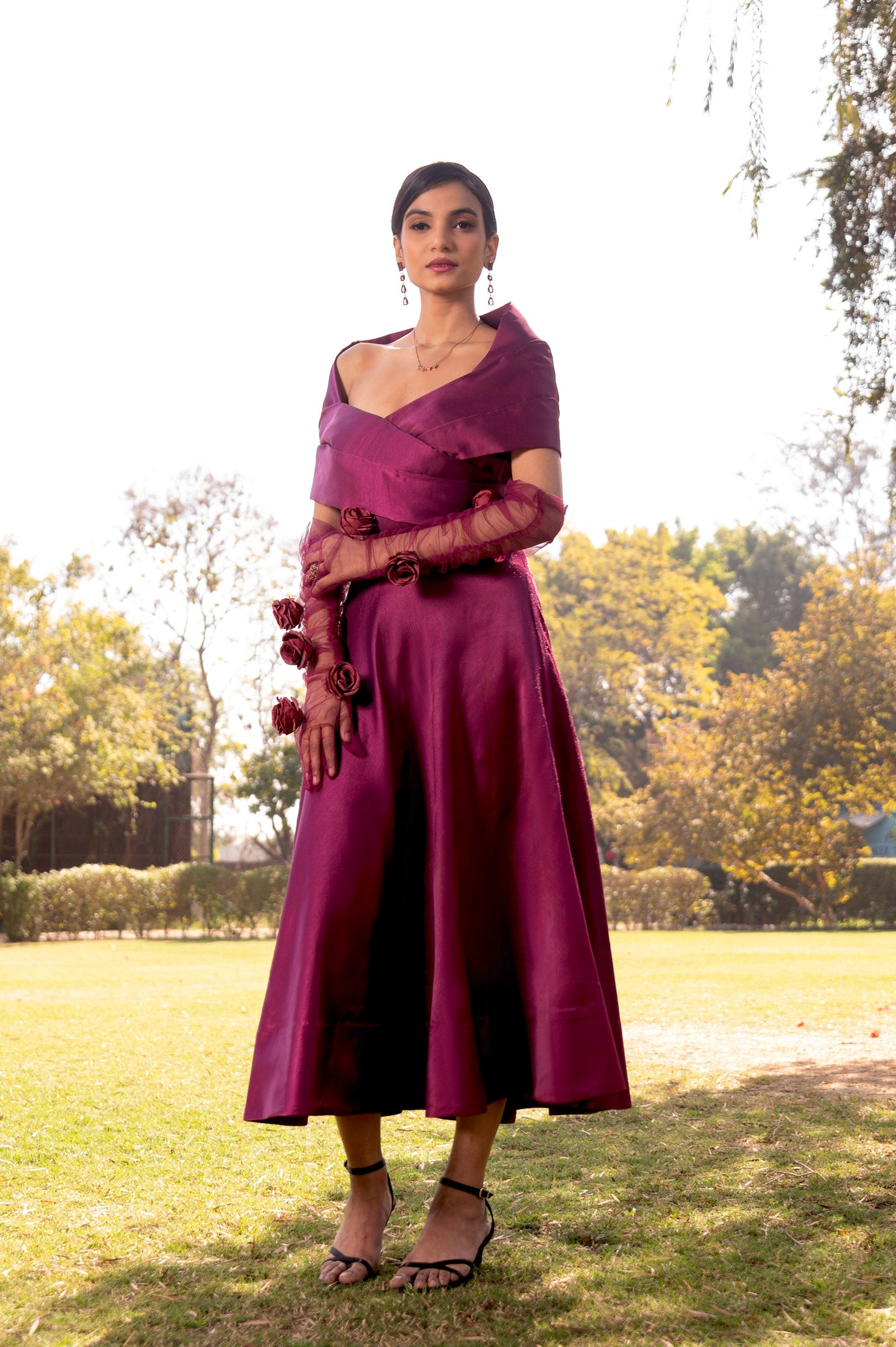 Bougainvillea Purple Milano Satin Off Shoulder Dress