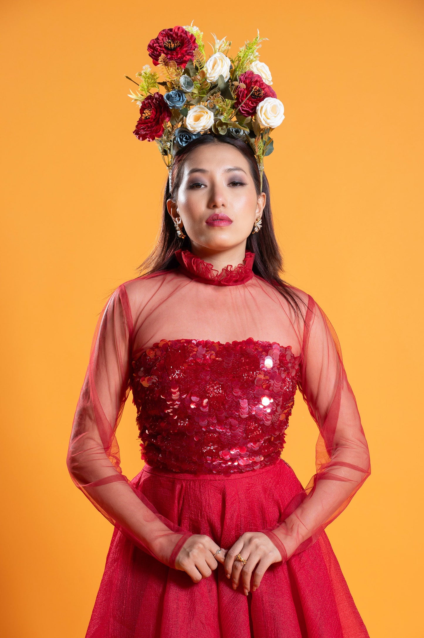 Verbena Red Satin & Tulle Three Piece Party Wear Set