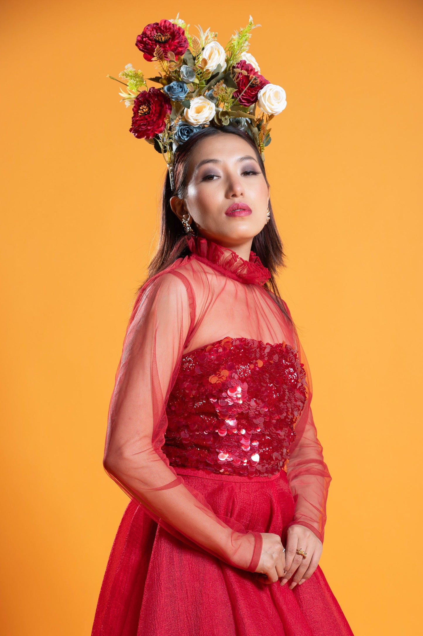 Verbena Red Satin & Tulle Three Piece Party Wear Set