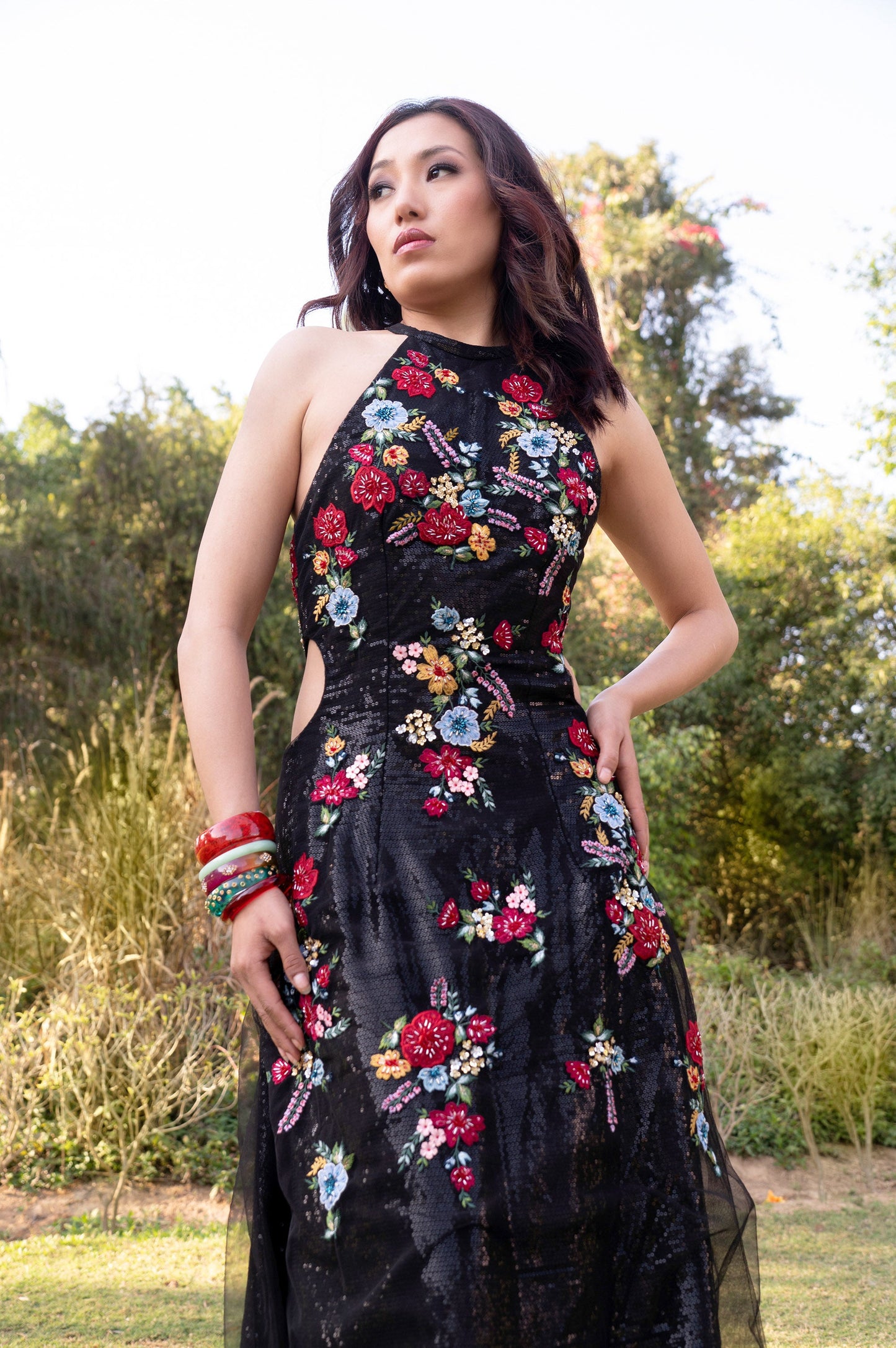 Lantana Black Tulle Floral Gown