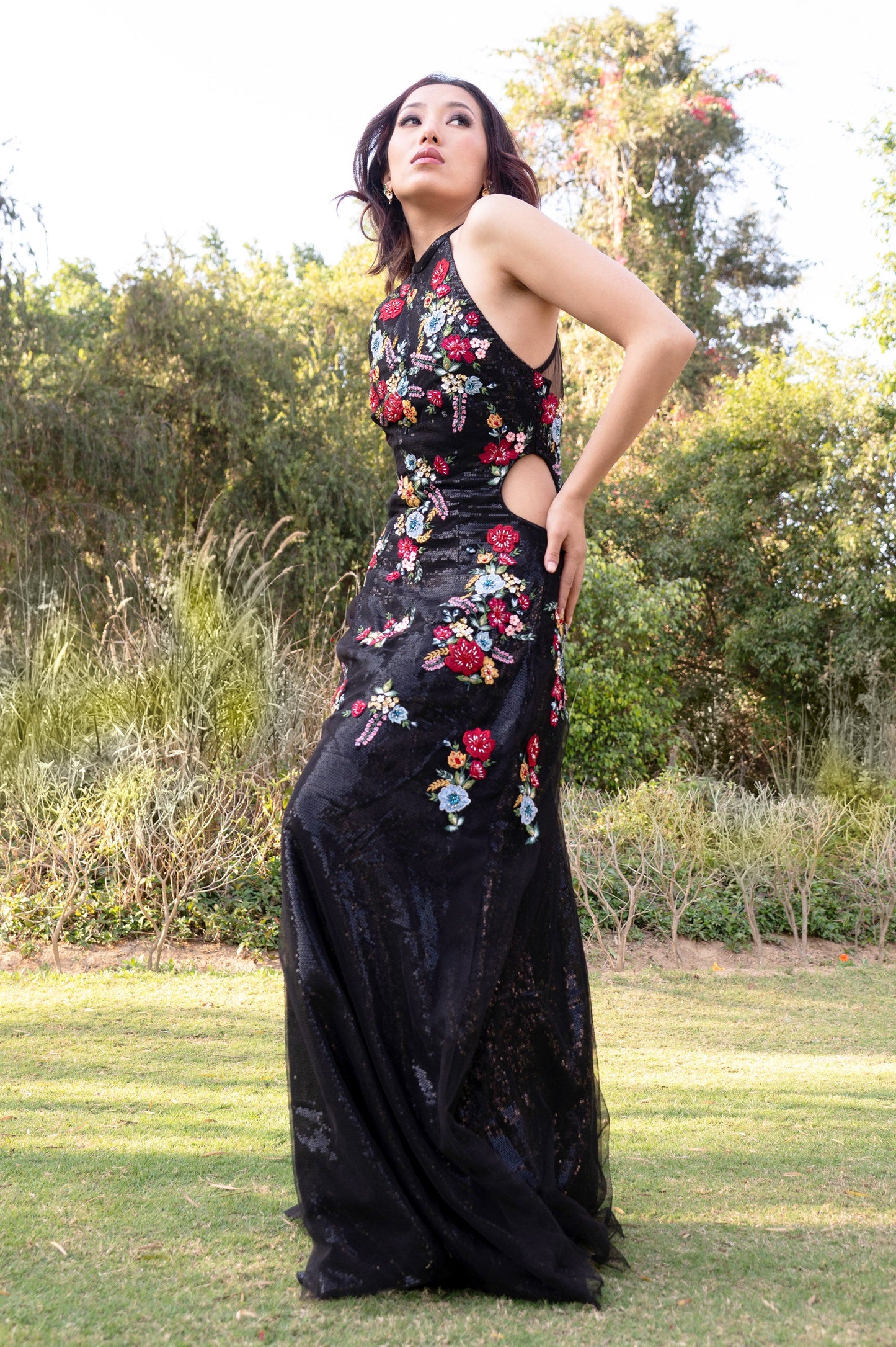 Lantana Black Tulle Floral Gown