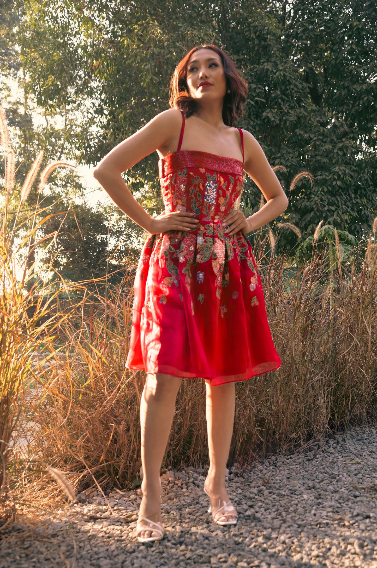 Zinnia Red Satin & Organza Mini Party Wear Dress