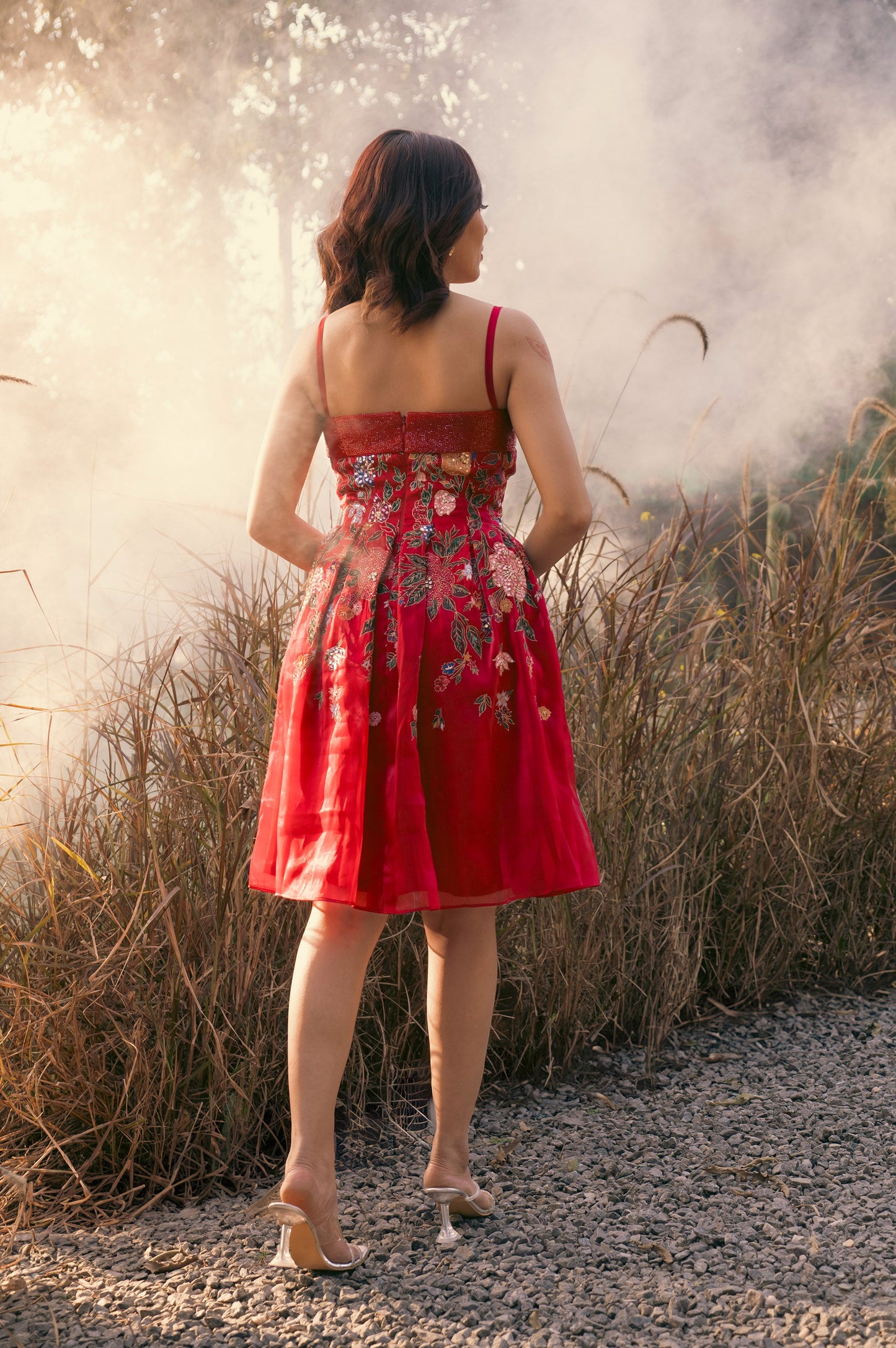 Zinnia Red Satin & Organza Mini Party Wear Dress