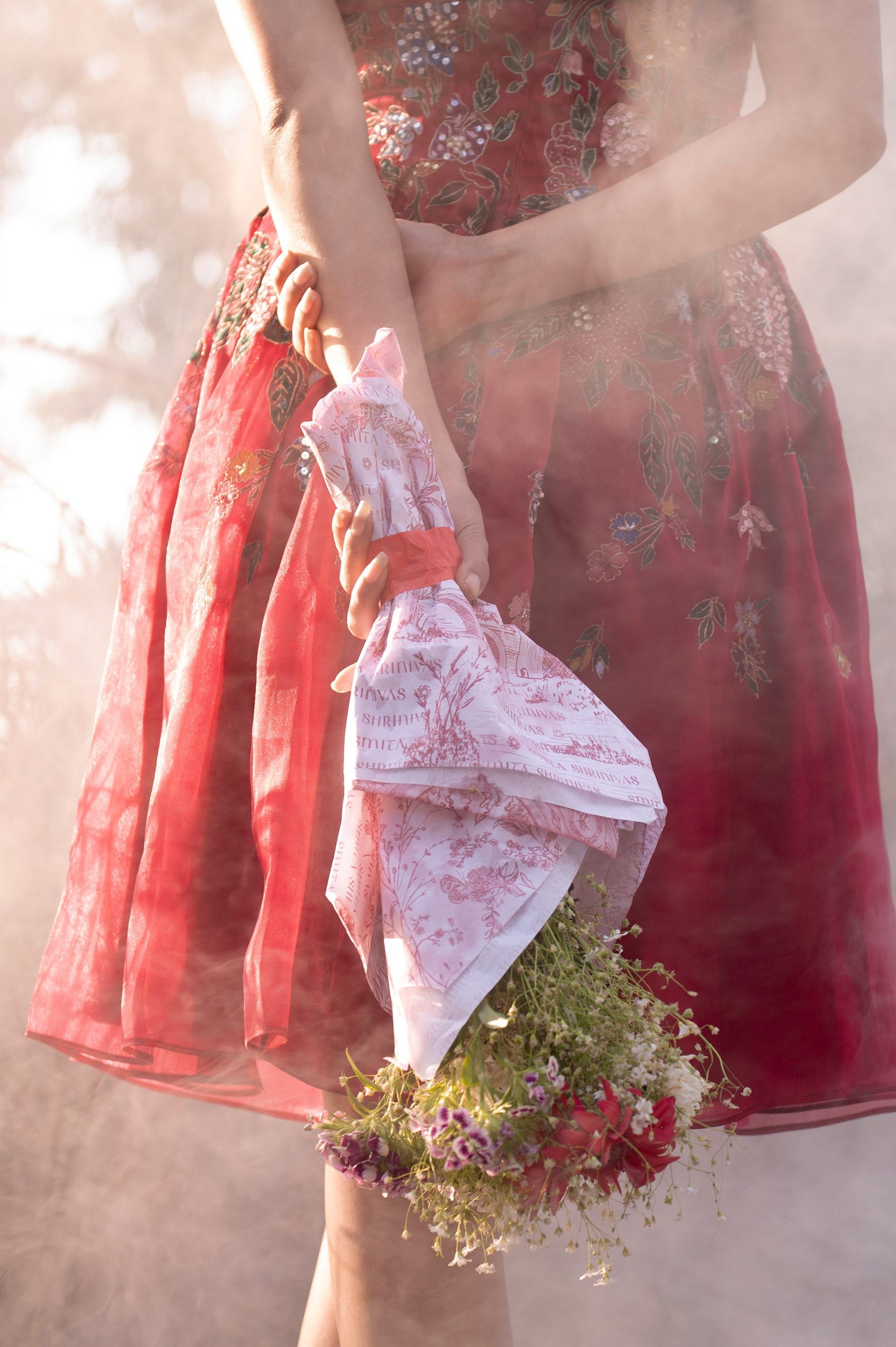 Zinnia Red Satin & Organza Mini Party Wear Dress