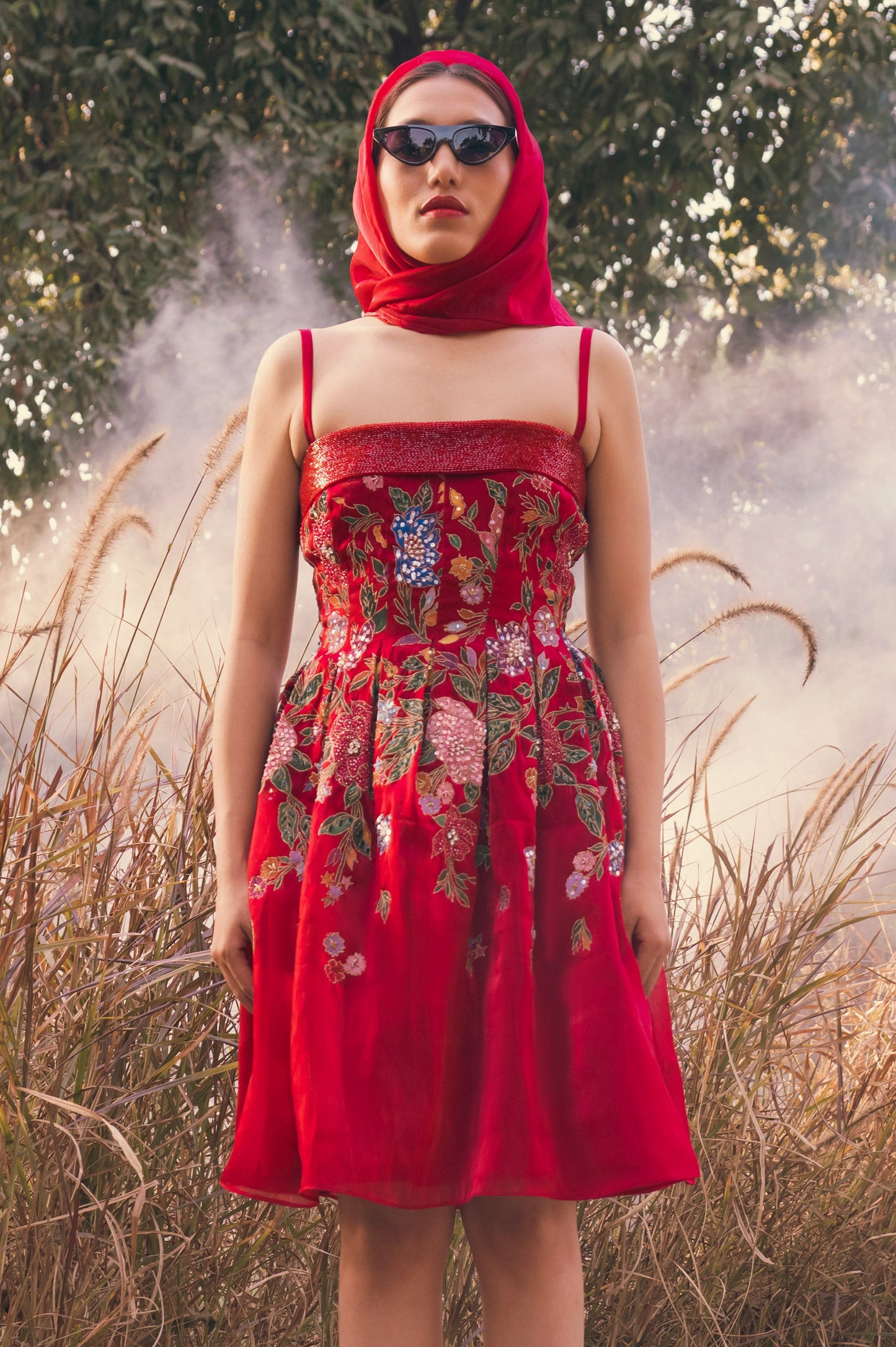 Zinnia Red Satin & Organza Mini Party Wear Dress